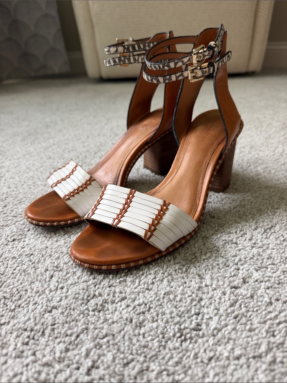 Coach Tan Leather Block Heel Sandals with White Woven Front Strap